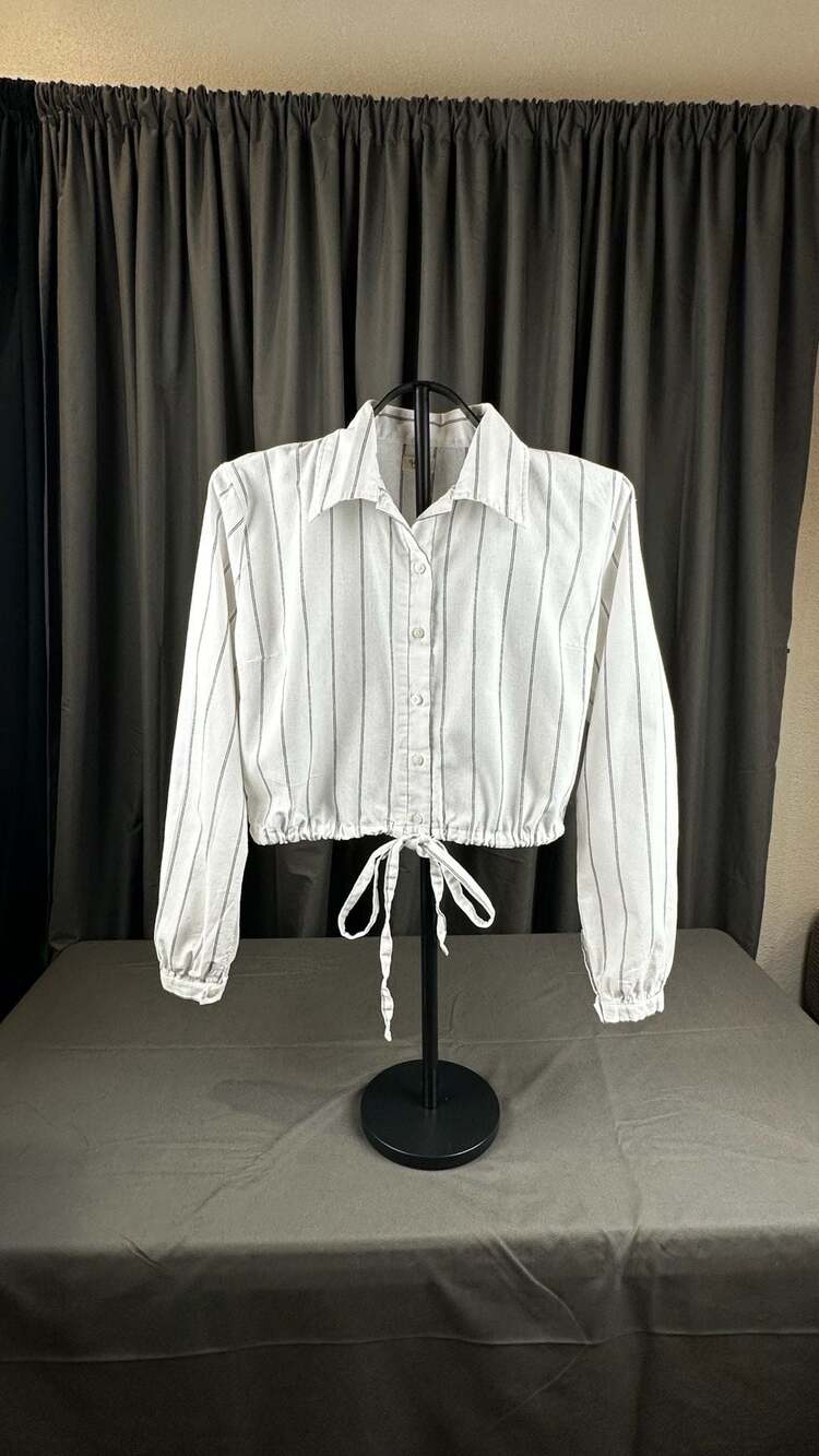 John Galt Striped Long-Sleeve Button-Up Tie Front Shirt White